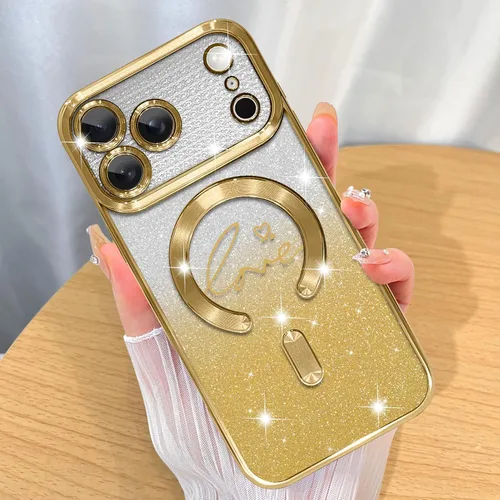 Vista 51 de ZIYE - Funda magnética diseñada para iPhone 13 con purpurina, color negro Luxury Plating Love Heart Compatible with MagSafe Camera Protection