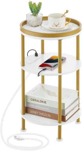 Vista 11 de Mesa auxiliar redonda pequeña con estación de carga para espacios pequeños, mesa decorativa de 3 niveles con puertos USB y tomas de corriente, mesa