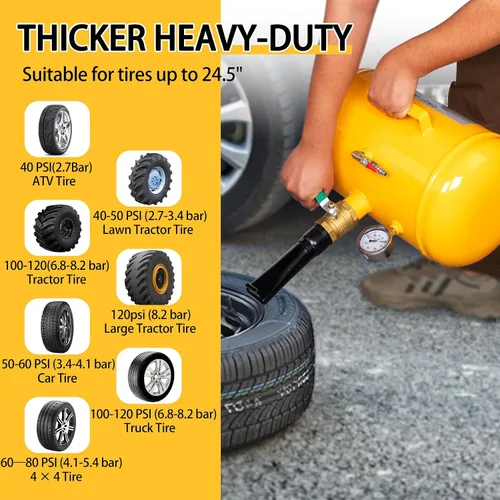 Vista 7 de Inflador de Neumáticos Compacto de 10 Galones con Asentador de Talón de Aire a Presión para Camión Tractor ATV Tanque Resistente, Amarillo