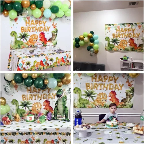 Vista 3 de Decoraciones de cumpleaños de dinosaurios, suministros de fiesta de Kit de guirnalda de arco de globos verdes, mantel de fondo de dinosaurio