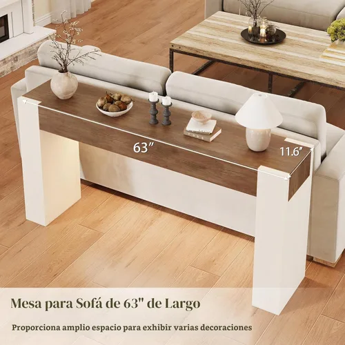 Vista 6 de Mesa de sofá consola de granja de 63 pulgadas con tomas de corriente y marrón y blanco