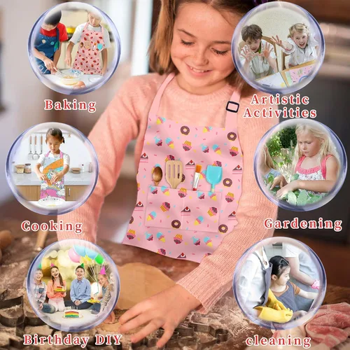 Vista 6 de Delantales para Niños para Niñas Delantales para Niños Pequeños con Bolsillos para Niños Cocinar Hornear Pintar Manualidades Arte Jardinería