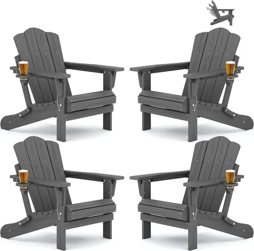 Vista 24 de Silla plegable ajustable KINGYES Adirondack, sillas reclinables Adirondack de 3 posiciones con portavasos, Adirondack de HDPE resistente a