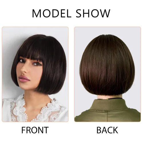 Vista 7 de Pelucas Bob con flequillo, peluca de cabello castaño rojizo de 10 Caoba