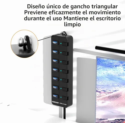 Vista 5 de Concentrador USB, concentrador USB 3.0 de 7 puertos, divisor USB VEMONT con interruptores y luces individuales de encendido/apagado, cable largo USB