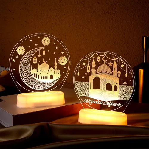 Vista 7 de 2 luces de decoración de Ramadán para el hogar, decoración de mesa Eid Mubarak, luces LED de noche de Ramadán, luna creciente, castillo, farol