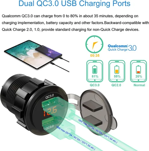 Vista 2 de Enchufe de cargador USB QC3.0 dual con voltímetro, 36W impermeable de carga rápida 3.0 adaptador de toma de corriente con medidor de voltaje para 12