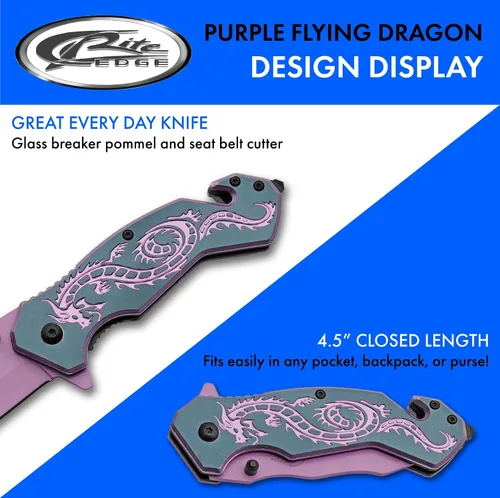 Vista 4 de SZCO 7.75" Cuchillo plegable de utilidad de rescate con apertura asistida Flying Dragon (Morado)