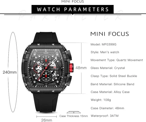 Vista 6 de MF MINI FOCUS Watch Wristwatch Fashion Hollow Big Dial Luminous Waterproof Sport Analog Quartz Business Mens Watches Silicon Strap Dress Watch