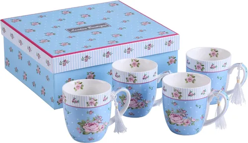 Vista 12 de London Boutique Juego de tazas de café de té, 4 porcelana, pájaro, rosa, mariposa, diseño Shabby Chic en caja de regalo, 11 oz