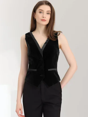 Vista 4 de Allegra K Chaleco de terciopelo para mujer, estilo retro, sin mangas, steampunk, chaleco elegante