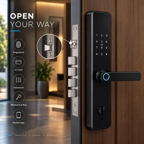 Vista 7 de Cerradura de puerta inteligente con asa, cerrojo de entrada sin llave con huella digital, teclado de pantalla táctil, control de aplicación Tuya