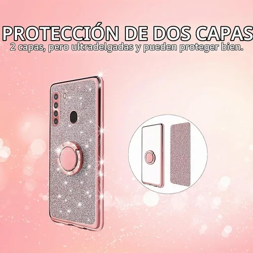Vista 8 de Funda protectora para Samsung Galaxy A21 para mujer, con purpurina, suave, transparente, TPU de lujo, con correa de atril para A21 (rosa brillante)