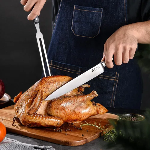 Vista 6 de Juego de Trinchar Pavo, Mango Ergonómico de Espiga Completa Cuchillo y Tenedor de Trinchar, Herramientas de Cocina de Acero Inoxidable Alemán