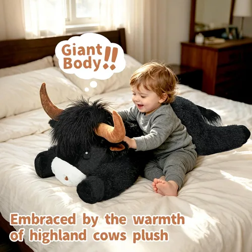 Vista 3 de Peluche de vaca gigante de las tierras altas de 39 pulgadas, juguete de peluche de ganado grande para niños y adultos, almohada de peluche esponjosa