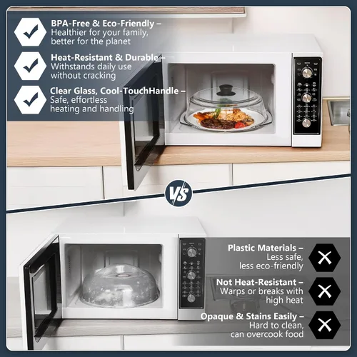 Vista 6 de Tapa protectora contra salpicaduras de microondas de vidrio para platos de comida y utensilios de cocina con guantes para horno, tapa protectora
