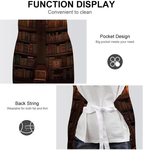 Vista 6 de Personalized Book Room Library Adult Apron, Kitchen Cooking Aprons for Woman Man, Adjustable Bib Apron with Pocket for Baking, BBQ Crafting