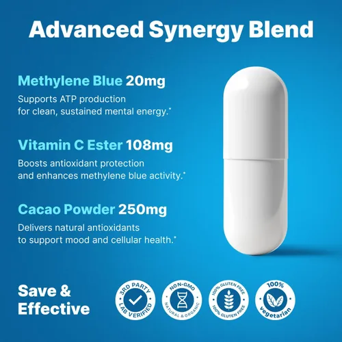 Vista 3 de Ultimate Methylene Blue Cápsulas para humanos 20 mg – Combustible de enfoque y vitaminas de memoria Grado farmacéutico de metileno azul 2%