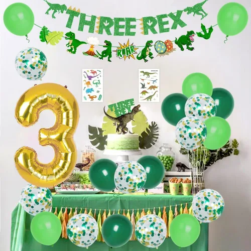 Vista 4 de Decoración de fiesta de cumpleaños de tres Rex, decoración de tercer cumpleaños, decoración de tercer cumpleaños, pancarta de tres Rex, globo