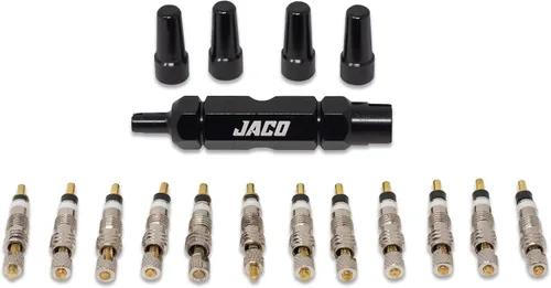 Vista 3 de JACO Presta Kit de reparación de núcleo de válvula para neumáticos de bicicleta con (12X) núcleos de válvula de repuesto, (4X) tapas de válvula