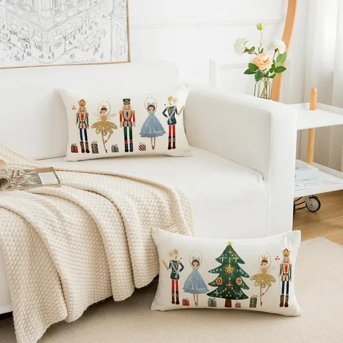 Vista 5 de Juego de 2 fundas de almohada de Feliz Navidad de 12 x 20 pulgadas, fundas de almohada de cascanueces de Navidad, fundas de cojín de invierno