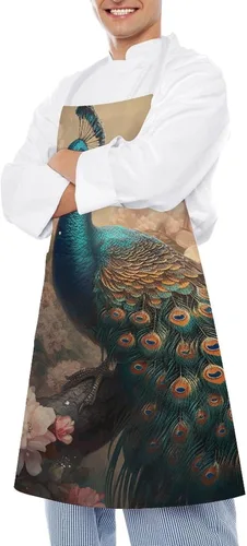 Vista 4 de MUSM Apron for Adults - 27.6 X 31.5 Inch, Heavy-Duty Polyester Aprons with Two Large Pockets, Waterproof Oriental Peacock Pattern Kitchen Apron for