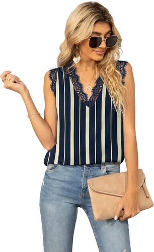 Vista 84 de VIISHOW - Camiseta sin mangas, sexy, con cuello en V y bordes de encaje para mujer, camisola de vestir, camisas de gasa, sin mangas, casuales