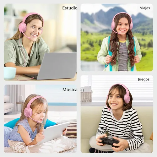 Vista 7 de SIMOLIO Audífonos para niños con micrófono para la escuela, auriculares con cable de 75/85/94 dB con micrófono retráctil para iPad, PC, laptop