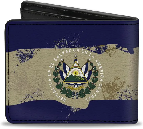 Vista 2 de Buckle-Down Billetera para hombre, plegable, pintura envejecida con la bandera de El Salvador, cuero vegano, 4.0 x 3.5 pulgadas, El Salvador