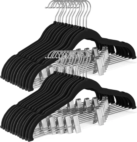 Vista 10 de SONGMICS Paquete de 20 perchas para pantalones, perchas de terciopelo de 16.7 pulgadas de largo con clips ajustables, perchas resistentes