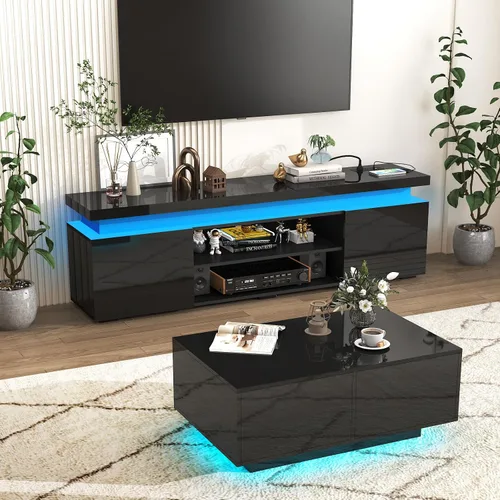 Vista 9 de Hlivelood Soporte de TV LED para TV de 75 pulgadas, moderno soporte de TV con toma de corriente, consola de TV de alto brillo con almacenamiento