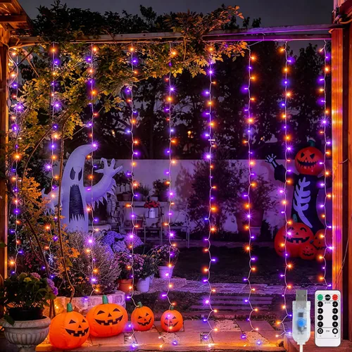 Vista 14 de JMEXSUSS 200 luces LED de cortina rojas, blancas y azules, 6.5 pies x 6.5 pies, 4 de julio, luces USB enchufables, 8 modos patrióticos de cortina