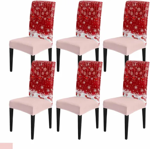 Vista 17 de YOKOU Juego de 4 fundas elásticas para sillas de comedor, diseño de copos de nieve, estrellas, fondo rojo, invierno, fundas protectoras extraíbles