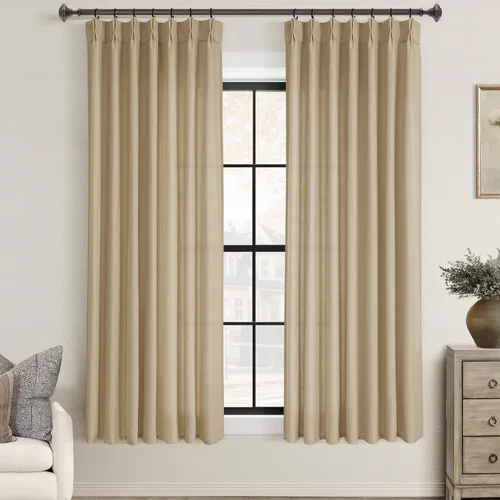 Vista 48 de Cortinas de lino de 63 pulgadas, juego de 2 paneles para sala de estar, beige natural, cortinas con pliegues pellizco entrenadas con memoria