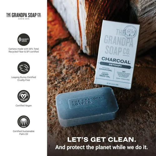 Vista 6 de The Grandpa Soap Company Jabón en barra de carbón – con semillas de cáñamo de carbón activado y aceite de menta, desintoxica, elimina la suciedad