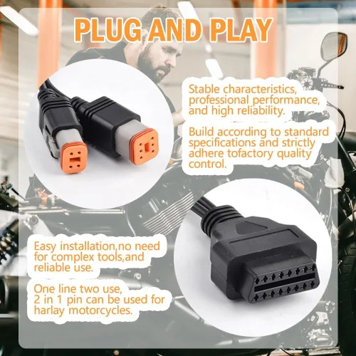 Vista 5 de Cable adaptador OBD2 2 en 1 para escáner de herramienta de diagnóstico de motocicleta de 4 pines+6 pines, funciona en modelos con protocolo J1850