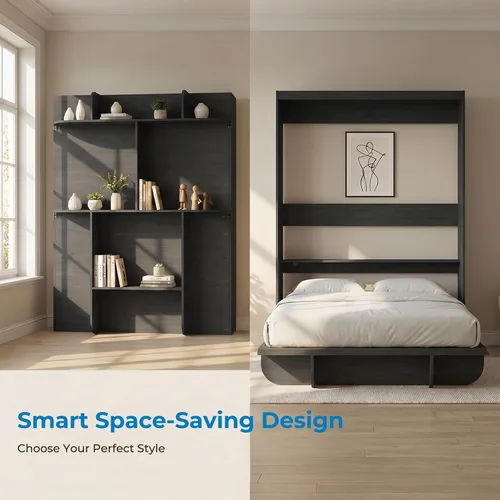 Vista 3 de Mjkone Cama Murphy de pared tamaño Queen con estante de almacenamiento Negro