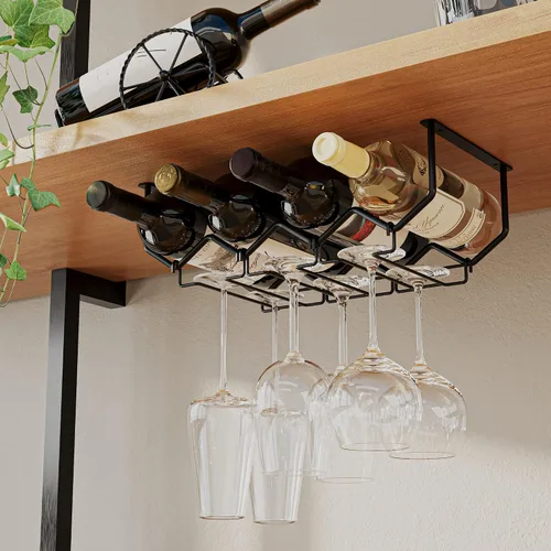 Vista 2 de Wallniture Piccola - Estante para vino y soporte para vasos para debajo del gabinete, organizador de cocina con 4 botellas, color negro