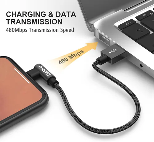 Vista 3 de Cargador corto para iPhone de 1 pie, 2 unidades [Certificado MFi], cable Lightning de 12 pulgadas de 90 grados, cable de carga de nailon trenzado