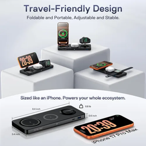 Vista 5 de AC ISLAND - Cargador inalámbrico 5 en 1 para MagSafe, soporte magnético Estación de carga de viaje Qi2.2 para iPhone 17-12 y Air Series, Apple Negro