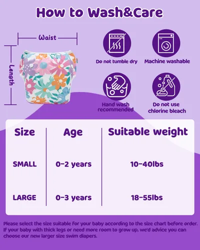 Vista 46 de Alva, Pañales de bebé para nadar, paquete de 2 unidades, talle único, reutilizable, lavable y ajustable de 0 a 36 meses. Tamaño de 10 a 40 lbs