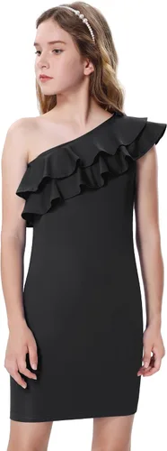 Vista 4 de Mebius Vestido de fiesta de un hombro para niñas, entallado, con volantes, manga de lápiz, vestido de verano para ocasiones especiales, cumpleaños