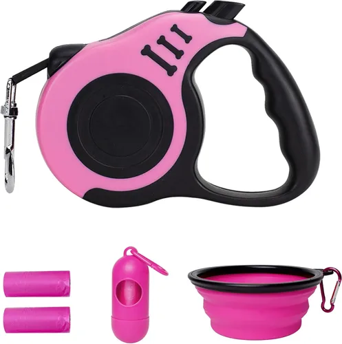 Vista 40 de Correa retráctil para perros pequeños y medianos, automática, telescópica, cinta para mascotas de 10/16 pies, duradera y práctica, con asa A1- rosa