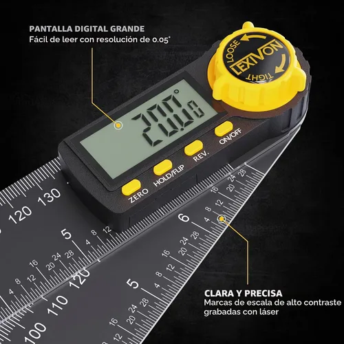 Vista 2 de LEXIVON Medidor de Ángulo Digital de Aluminio, Transportador Multiusos de 180mm/7 Pulgadas, Incluye Pantalla XL y Bolsa Resistente con Cremallera