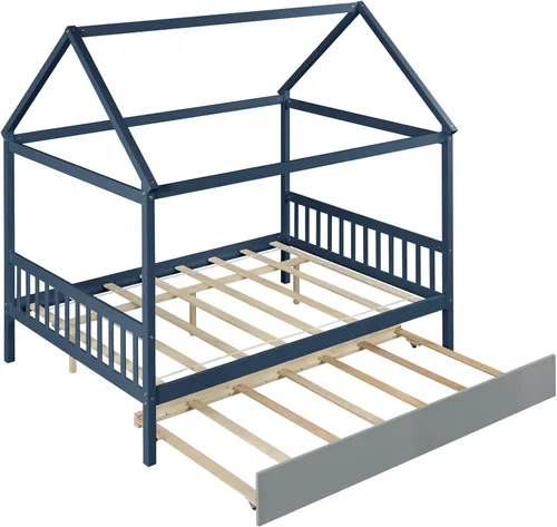 Vista 6 de Camas de casa matrimonial con nido para niños, marco de cama de madera para niñas y niños, no necesita resorte, tamaño matrimonial, azul