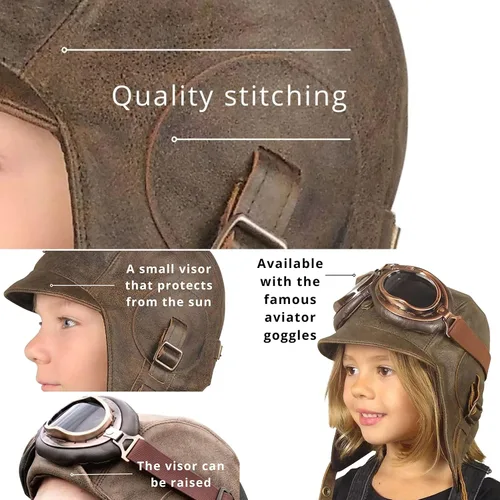 Vista 5 de Sombrero de aviador para niños, cuero marrón real, disfraz, casco volador de piloto, sombrero steampunk para niños