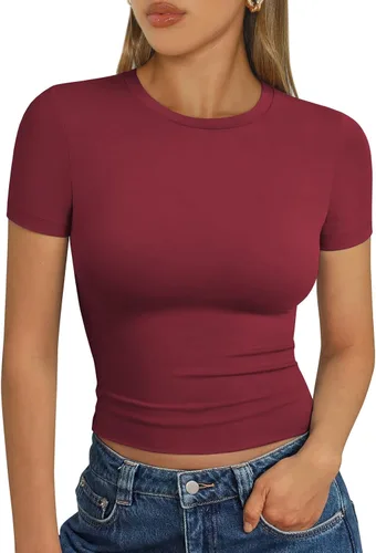 Vista 29 de Trendy Queen - Camisetas básicas para mujer, camisetas de verano 2025, de manga corta, ajustadas, para gimnasio, entrenamiento, ropa estilo Y2K