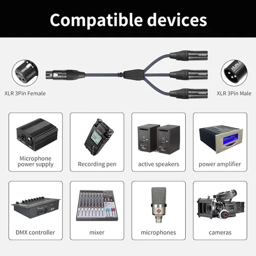 Vista 2 de Cable divisor en Y de 3 pines XLR hembra a 3 machos, cable divisor XLR de 3 vías, equilibrio de 1 hembra a 3 macho, cable de audio para micrófono