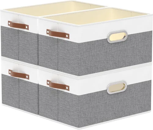 Vista 20 de Yawinhe Cestas de almacenamiento de tela, organizador plegable de armario para estantes, cajas grandes con 3 asas, contenedores de lona para ropa