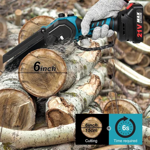 Vista 2 de OneLeaf Mini motosierra eléctrica inalámbrica con 2 baterías y 3 cadenas, motosierra pequeña de 6 pulgadas, funciona con pilas, portátil de mano